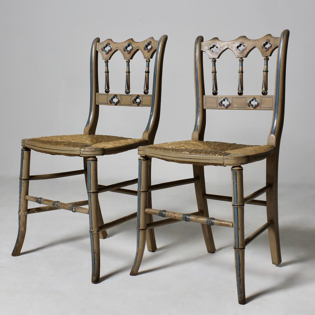 Pair Of 19th Century Original Painted Gothic Side Chairs ( sold )