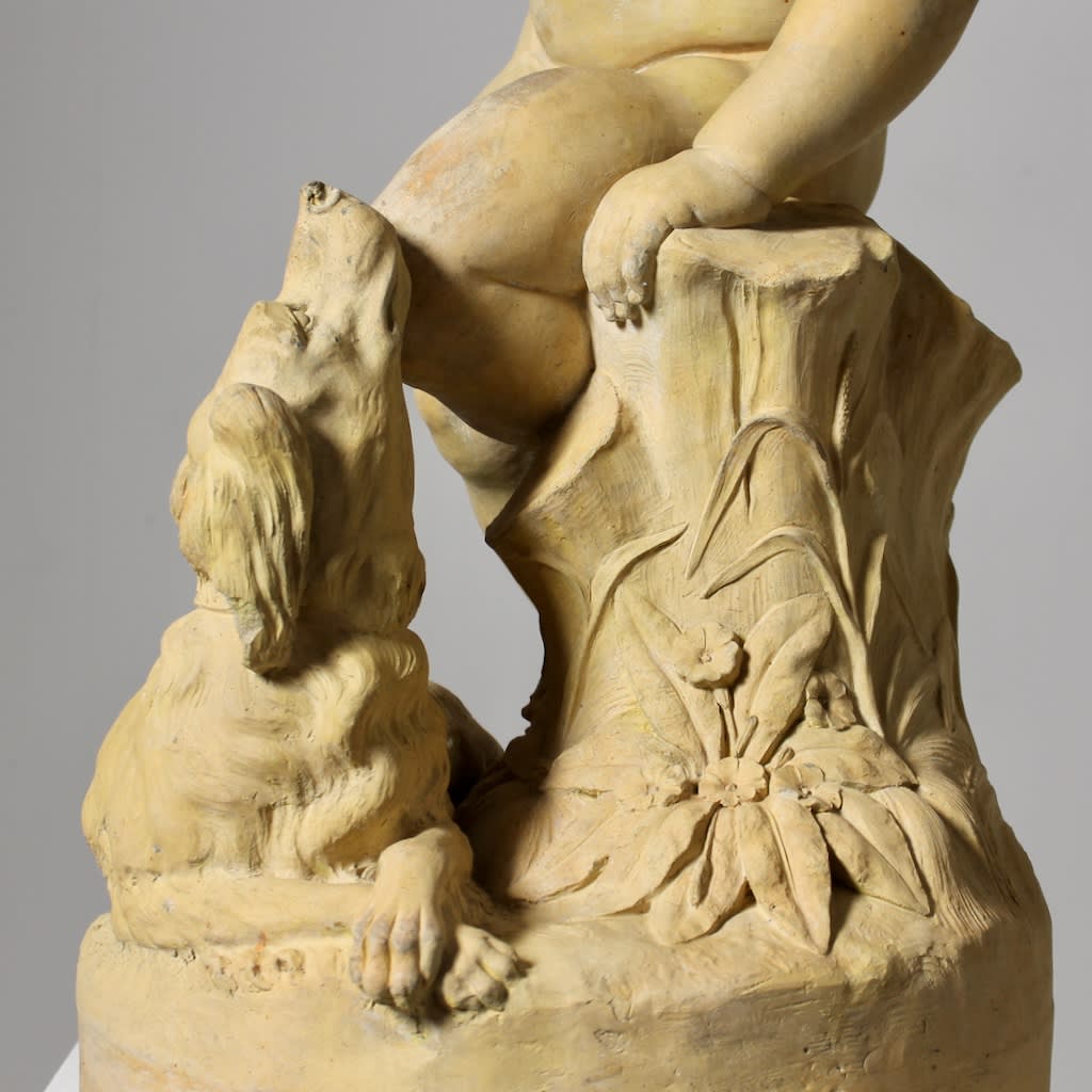 19th Century Doulton Terracotta Group Of A Boy Feeding A Dog