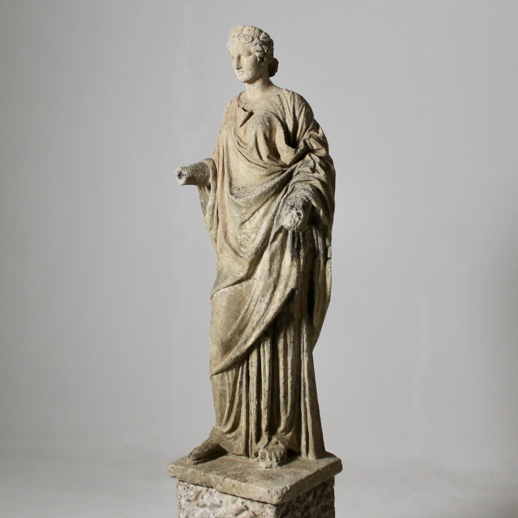 19th Century Composition Stone Garden Figure On Pedestal Of Flora ( sold )
