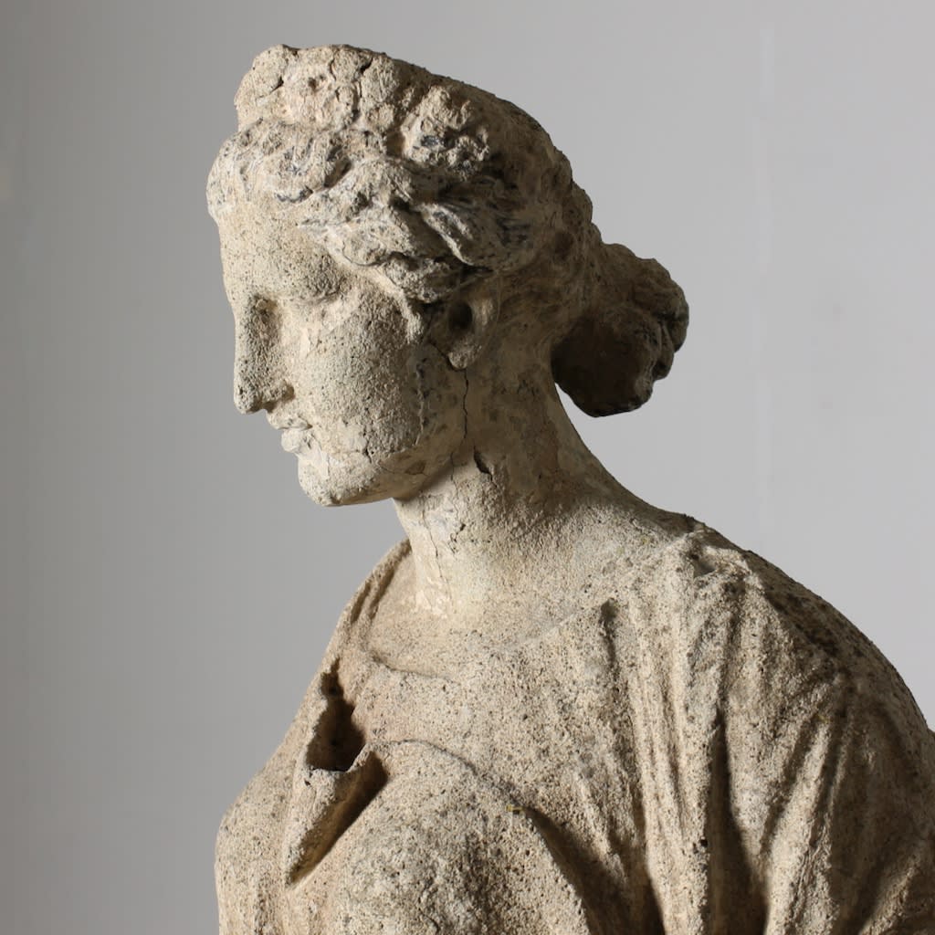 19th Century Composition Stone Garden Figure On Pedestal Of Flora ( sold )