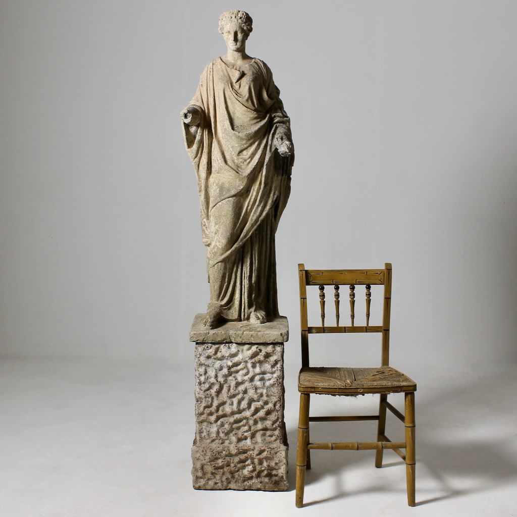 19th Century Composition Stone Garden Figure On Pedestal Of Flora ( sold )