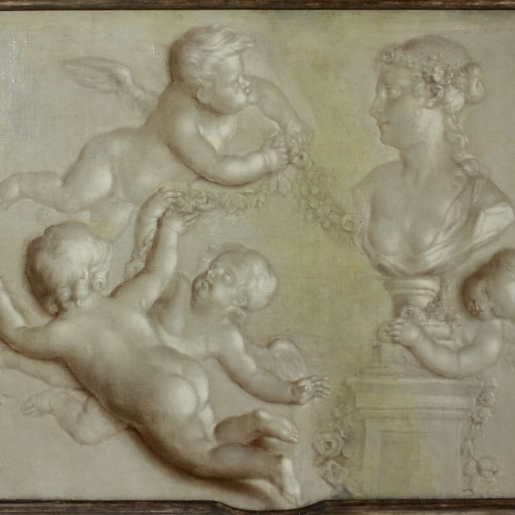 Pair Of 18th Century En Grisaille Paintings In The Classical Manner Formerly In The Collection Of H M Queen Elizabeth The Queen Mother