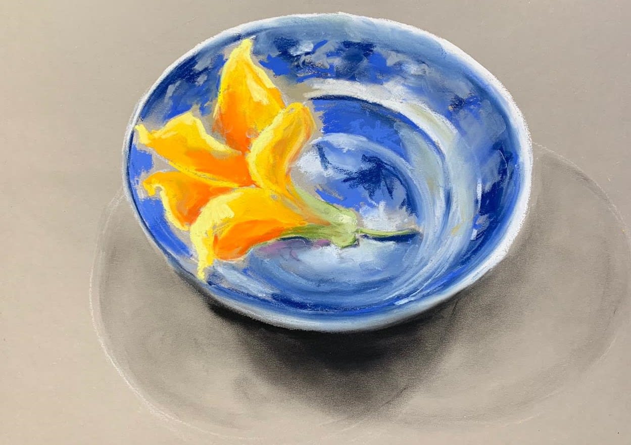 Maria M, Yellow flower on blue plate