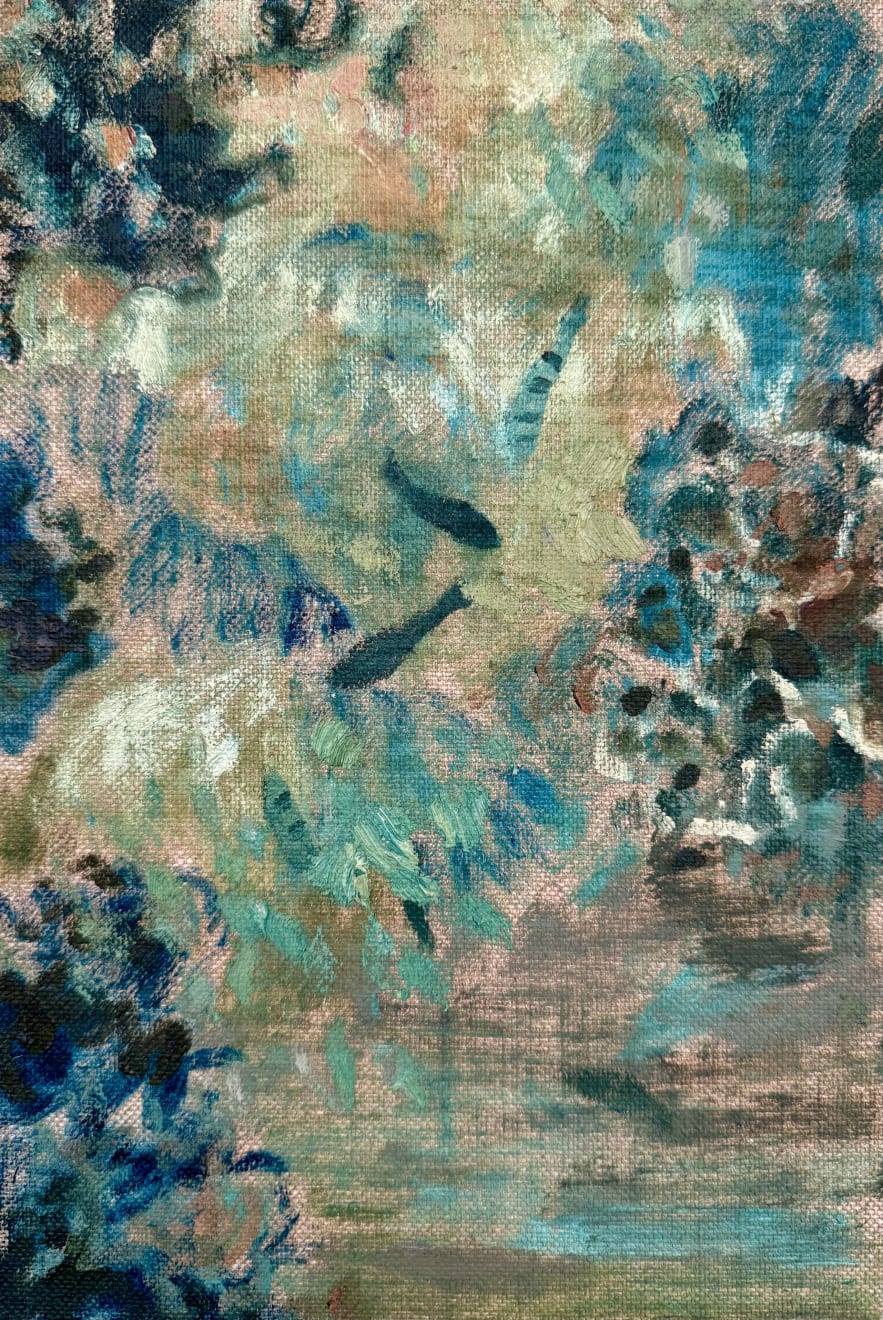 Meg Walters Where The Upside Down Jellyfish Live II Oil, Oil Pastel and Oil Stick on Linen Board 20 x 30cm SOLD