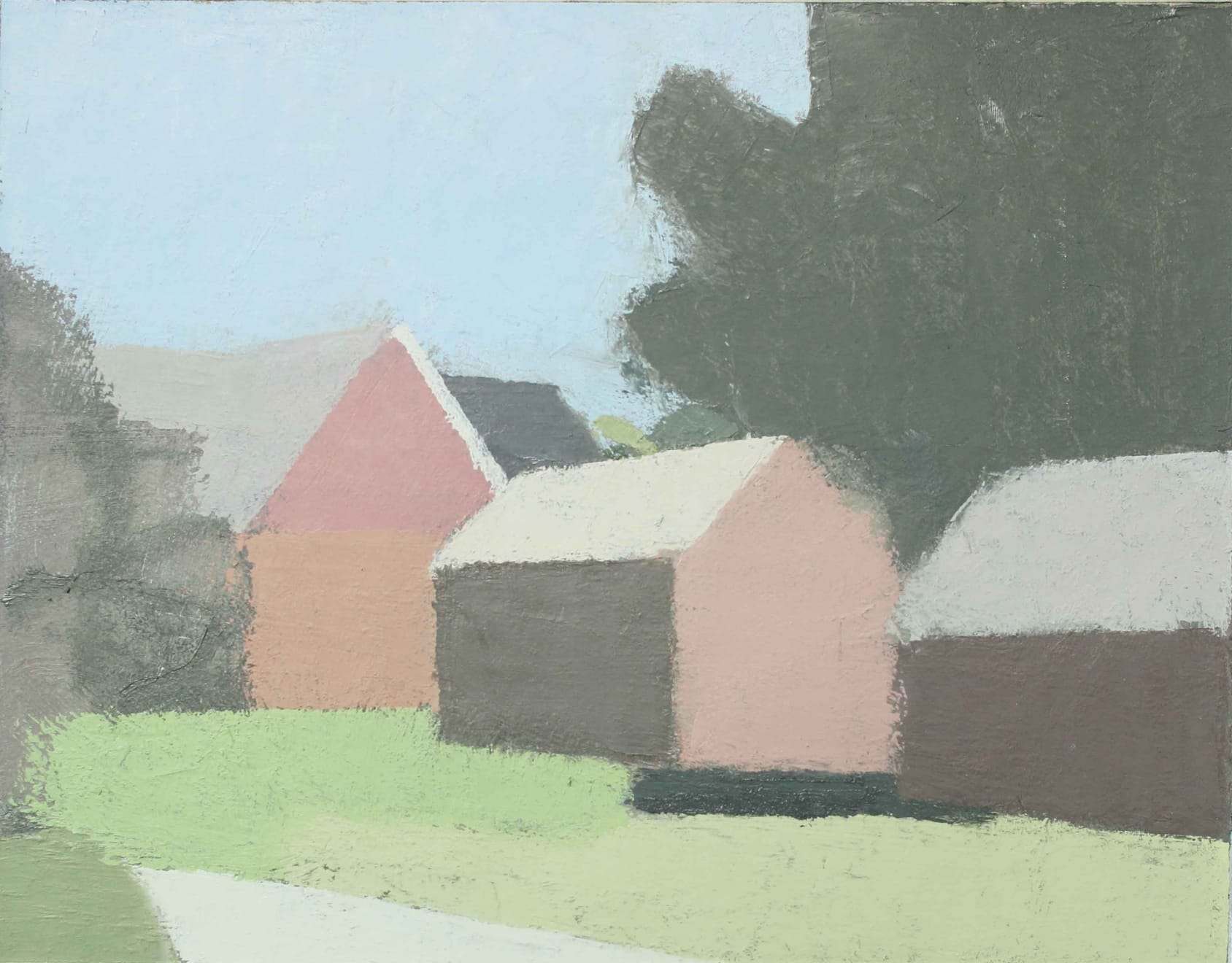 LAURA VAHLBERG THREE HOUSES ON A HILL Oil on Canvas Board 19 x 24cm $2200