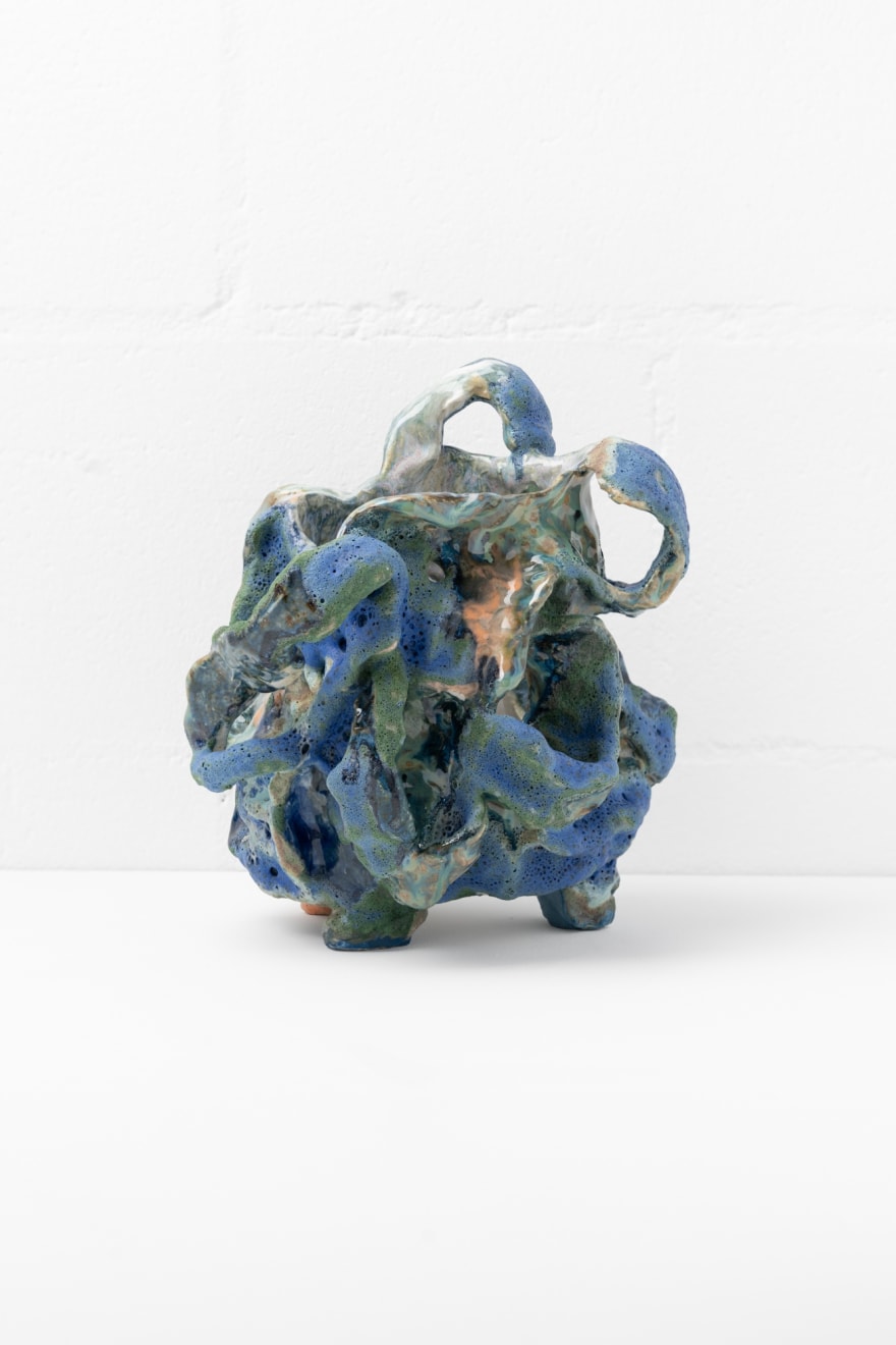 Eastern Blue Cut Stonewear Ceramic Vessel, Porcelain Slip, Glaze 24 x 19 x 20cm $1,200.00