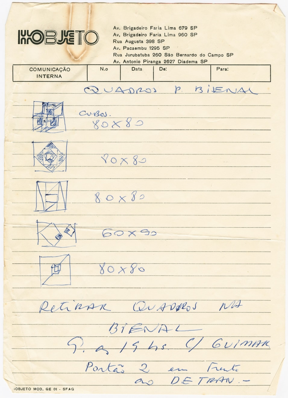 Handwritten note, pick-up list of five works that participated in the XV Bienal de S. Paulo, 1979. Arquivo Geraldo de Barros.