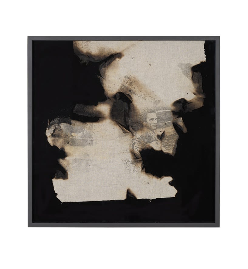 Douglas Gordon Belongs to.... and his friends (Acetone painting #10), 2021 Acetone transfer print on burned canvas, silver pigment and black mirror 65 x 65 x 4 cm (GOR 022)