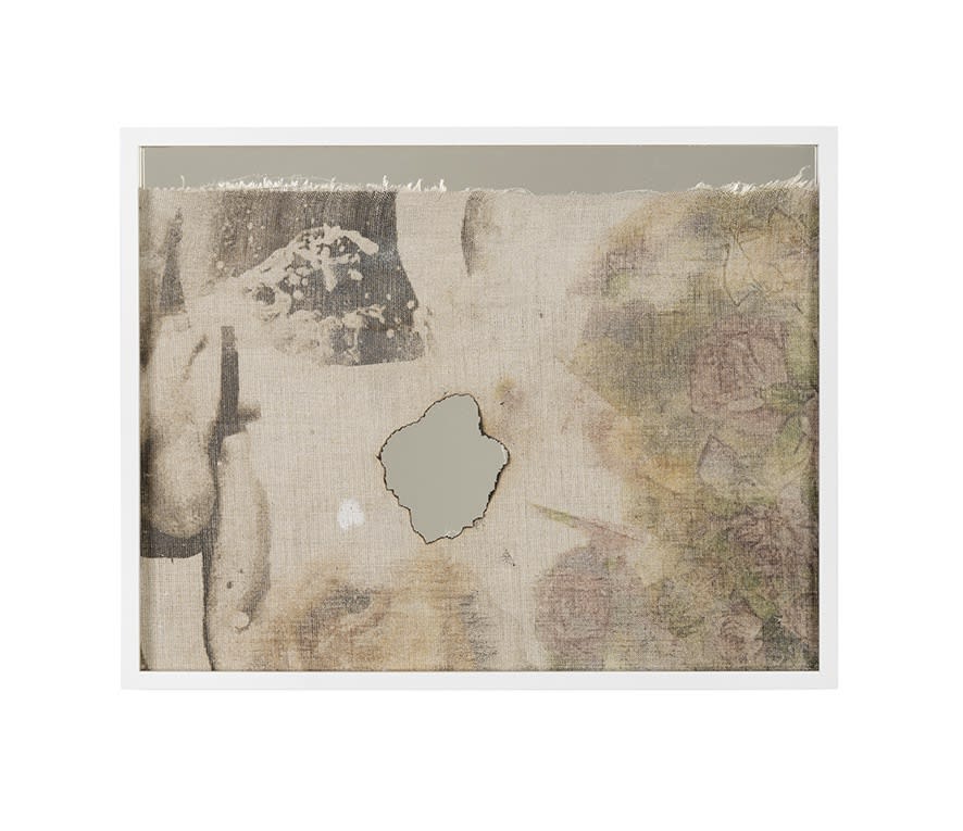Douglas Gordon Belongs to.... and his friends (Acetone painting #11), 2021 Acetone transfer print on burned canvas, silver pigment, gesso and mirror 35 x 44,3 x 4 cm (GOR 023)