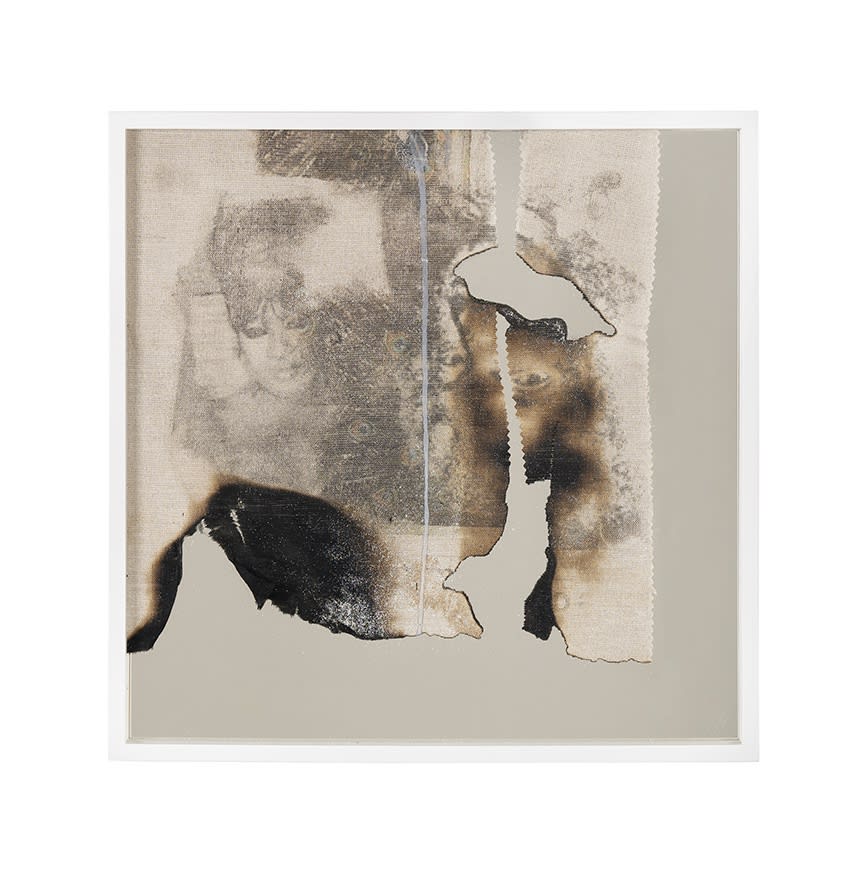 Douglas Gordon Belongs to.... and his friends (Acetone painting #17), 2021 Acetone transfer print on burned canvas, silver pigment, wax and mirror 41.5 x 41.5 x 4 cm (GOR 026)