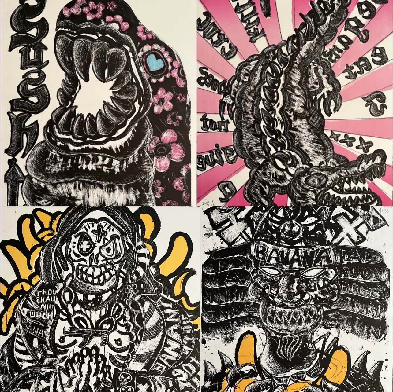 Sushi, Pink Croc, Madonna and Banana Katana (series of 4) Orginal Lithograph Printed in two print runs Materials: BFK Rives Paper 240 gr Size: 65 cm x 50 cm Edition: 1 - 35 Year: 2022