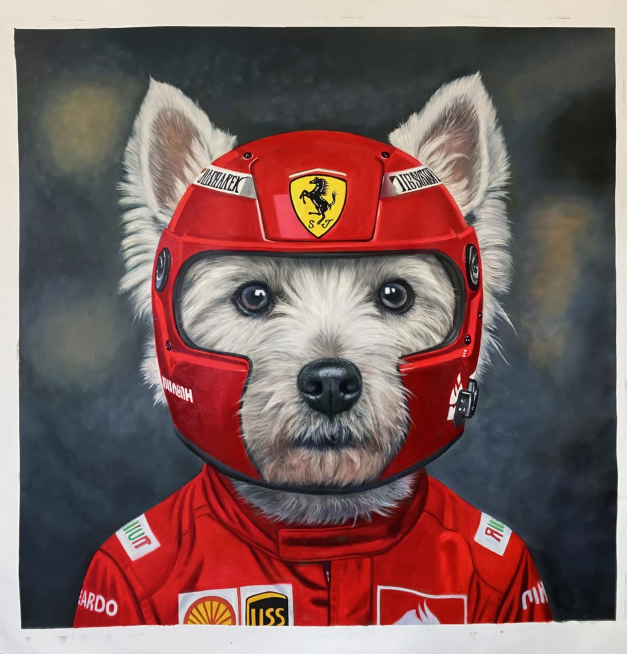 Oil painting titled 'The F1 Racer Westie Terrier' a striking original oil on canvas