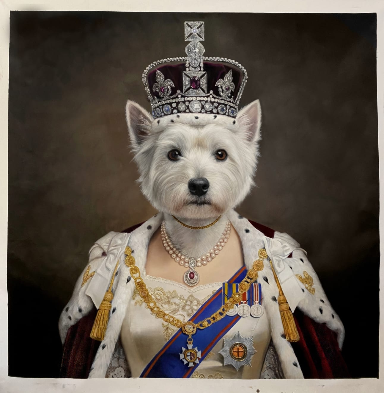 Oil painting titled 'The F1 Racer Westie Terrier' a striking original oil on canvas