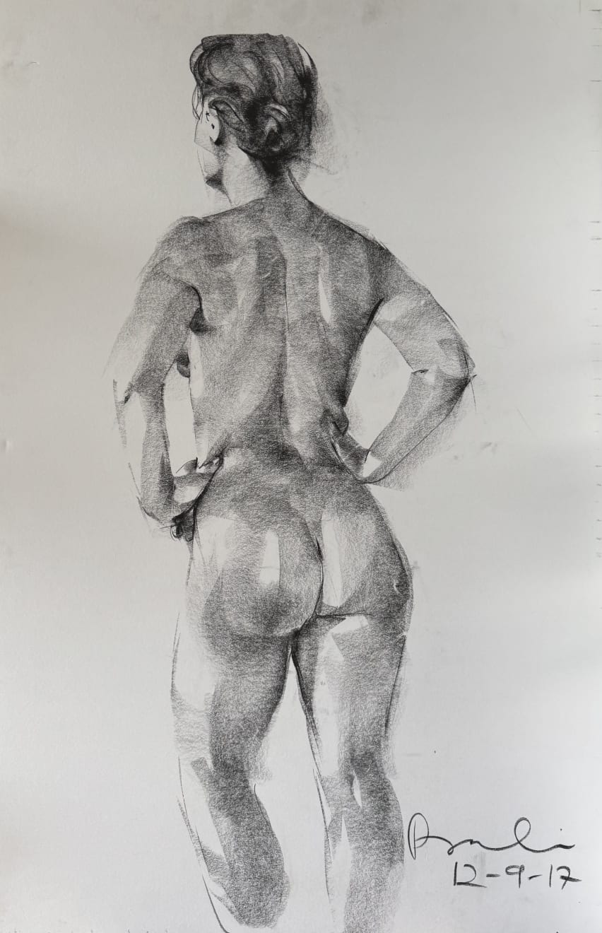 Prabin Badhia, confidence (charcoal on paper, drawing, sketch, figure), 2017