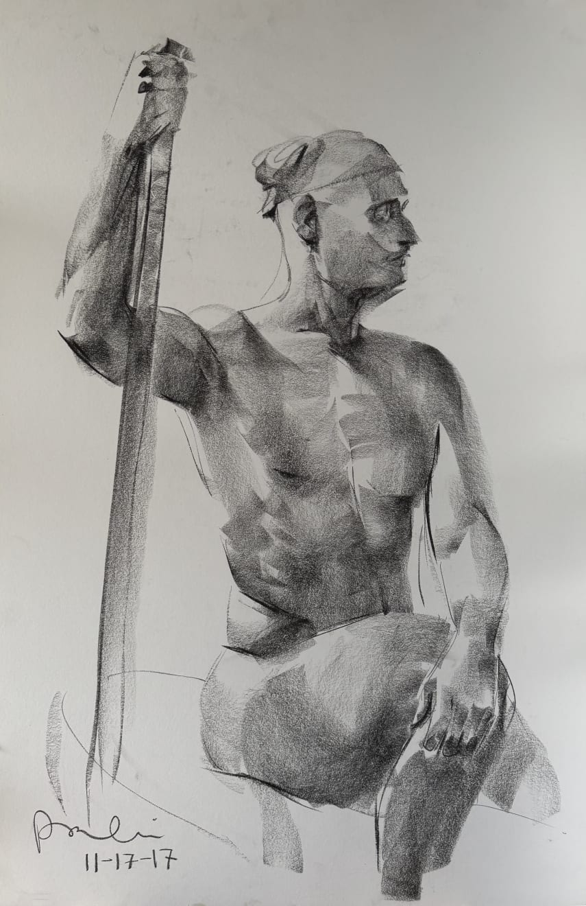 Prabin Badhia, determined (charcoal on paper, drawing, sketch, figure), 2018