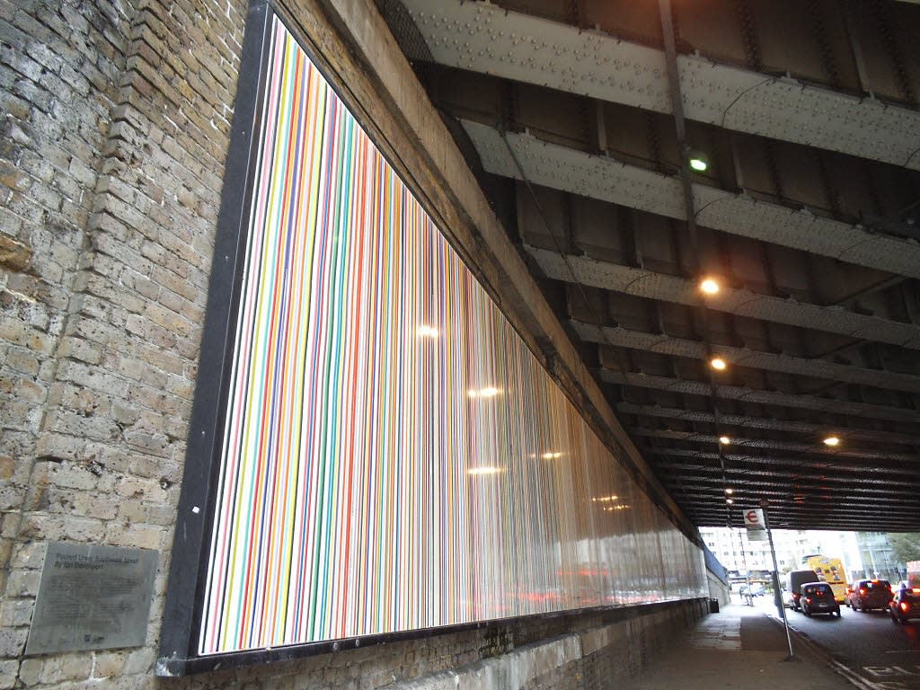 Poured Lines by Ian Davenport, Southwark Street, London SE1; Photo by Stephen Craven licensed for reuse under the Creative Commons Attribution-ShareAlike 2.0 license.