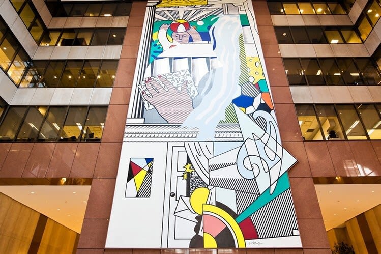 Roy Lichtenstein Mural with Blue Brushstrokes, 1986 in the atrium of the Equitable Building