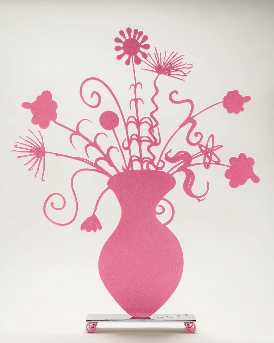 Kenny Scharf Flores (Pink), 2020 Shaped aluminum with black flock mounted to a polished stainless steel base with flocked feet 25h x 21w in 9/25 For sale at VFA