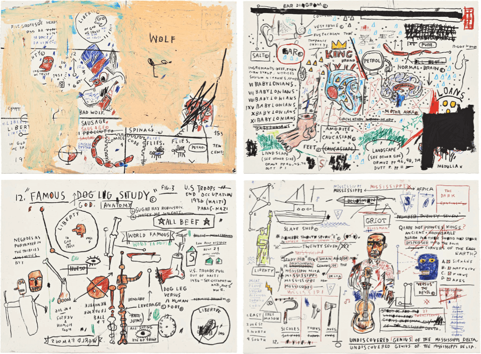 Jean Michel Basquiat Wolf Sausage, King Brand, Dog Leg Study and Undiscovered Genius, 2019 Portfolio of four hand-pulled limited edition screenprints 22h x 30w in 55.88h x 76.20w cm 50 For sale at VFA