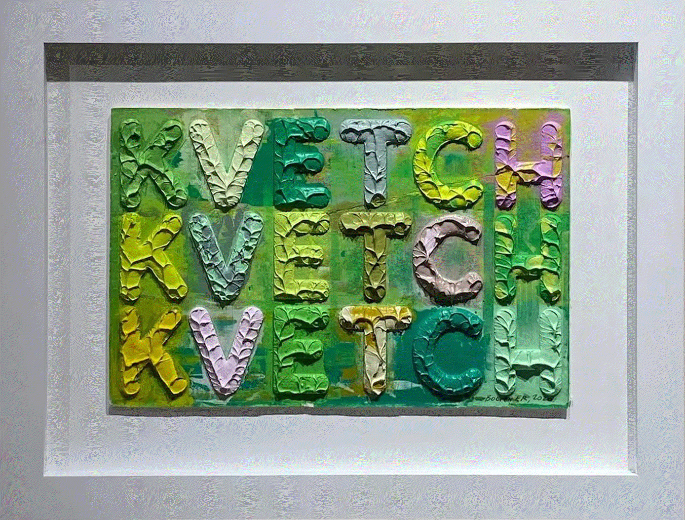 Mel Bochner KVETCH, 2020 Monoprint in oil collage, engraving and embossment on handmade paper 10 x 15 ins 25.4 x 38.1 cm Available at VFA