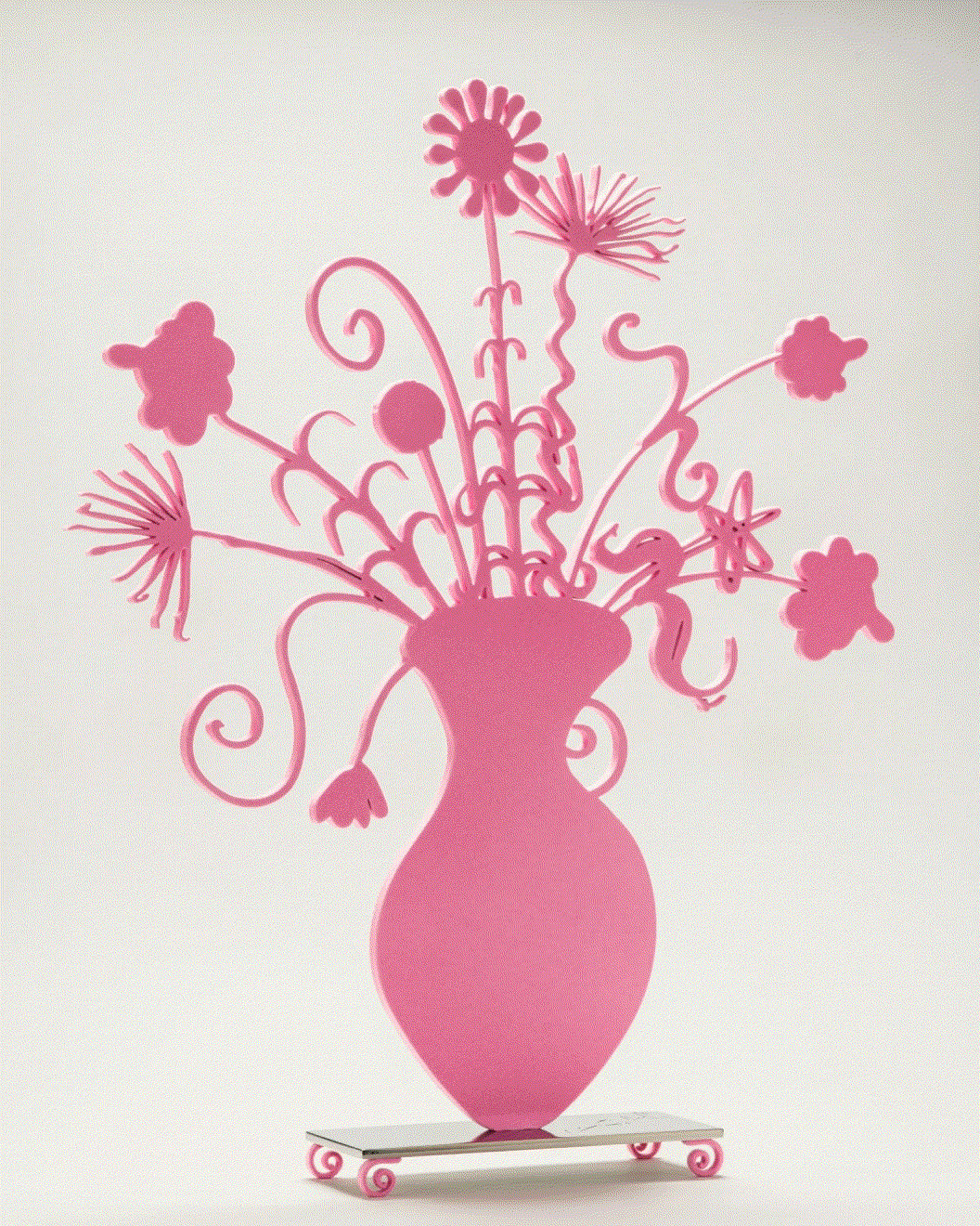 Kenny Scharf FLORES (PINK), 2020 Shaped aluminum with black flock mounted to a polished stainless steel base with flocked feet 25 x 21 x 0 3/8 ins 63.5 x 53.34 x 0.97 cm Available at VFA