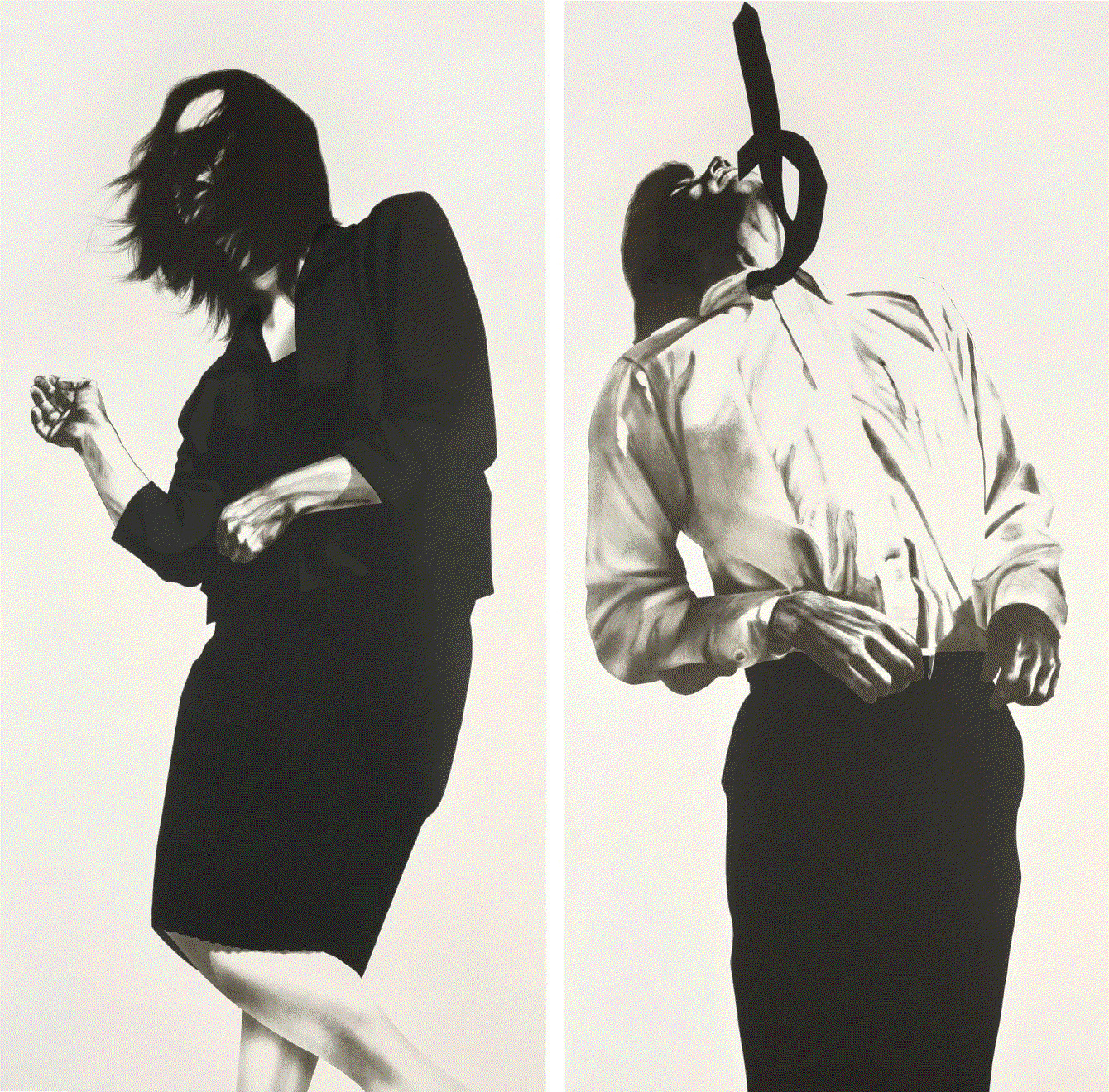 Robert Longo MEN IN THE CITIES (GRETCHEN AND ERIC), 1985 Two lithographs in three black colors on Arches 350g rag paper 71 5/8 x 35 7/8 in 182 x 91 cm Edition of 48 Available at VFA