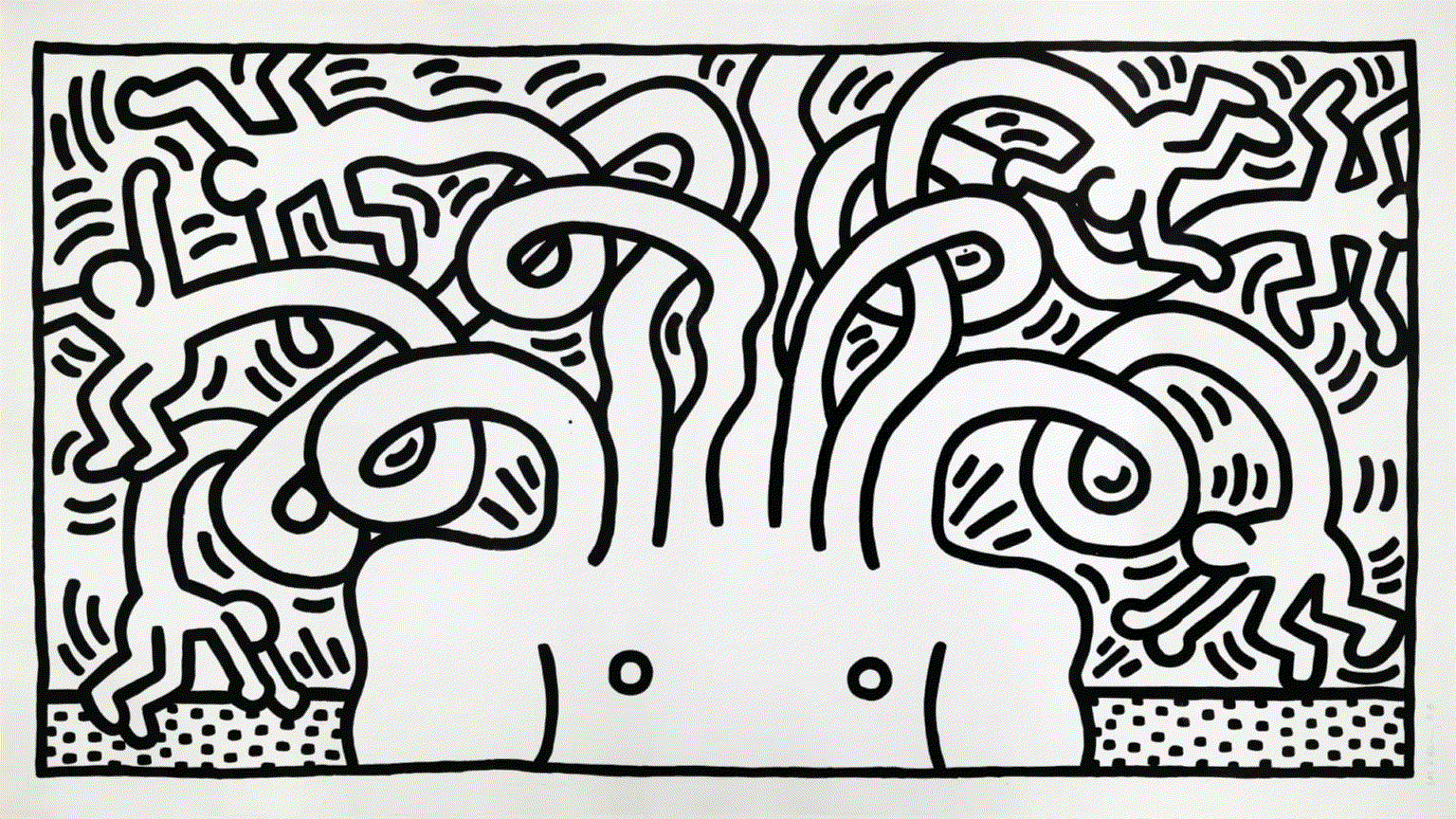 Keith Haring MEDUSA, 1986 Sugar lift aquatint on Hahnemühle Bütten 300g 55 1/8 x 94 1/2 in 140 x 240 cm Edition of 24 Available at VFA