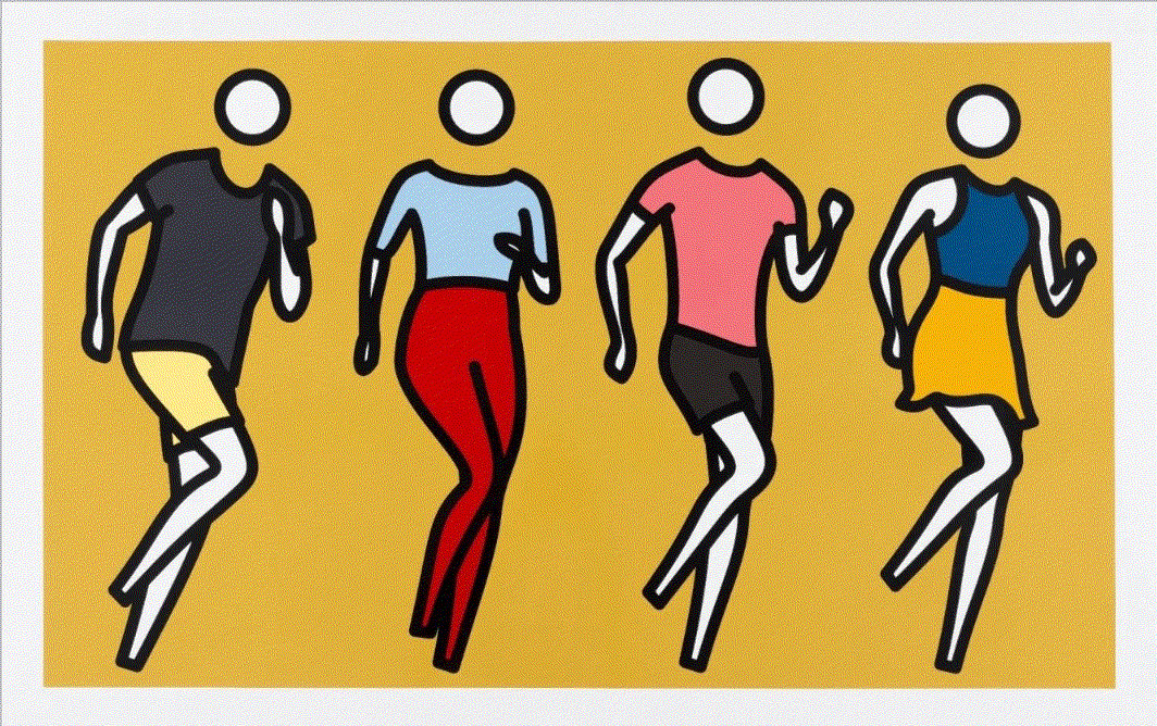 Julian Opie DANCE SYNCED., 2024 A series of five screenprints in 12 colours on Archival Museum boardPaper 37 5/8 x 59 1/2 inches / Image 33 1/4 x 55 1/8 inches (each) 37 5/8 x 59 1/2 in 95.6 x 151.1 cm Edition of 45 plus 5 APs Available at VFA