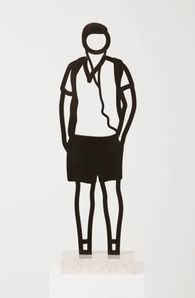 Julian Opie EARPHONES FROM THE BOSTON STATUETTES, 2020 From a series of 8 freestanding patinated black bronze figures on Crema Grey light stone bases 21 1/8 x 4 5/8 x 6 3/8 ins 53.5 x 12 x 16.5 cm Available at VFA