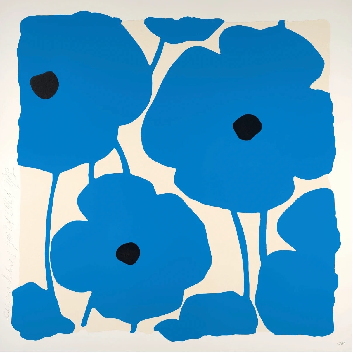 Donald Sultan SEVEN BLUES JAN 24 2024 DS, 2024 Color silkscreen with enamel inks, flocking, and tar-like texture on Rising 4-ply museum board 58 x 58 in 147.3 x 147.3 cm Edition of 30 Available at VFA