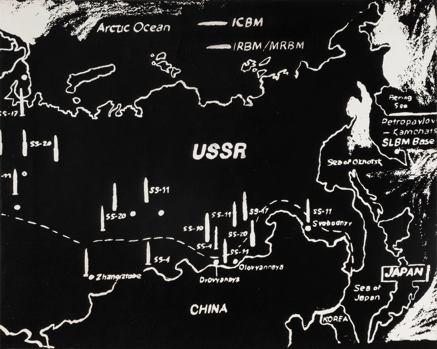 ANDY WARHOL Map of Eastern USSR Missile Bases (Negative),, 1985 Authenticated on the Verso Series: Late Paintings synthetic polymer and silkscreen ink on canvas 40.6 x 50.8 cm Available at VFA
