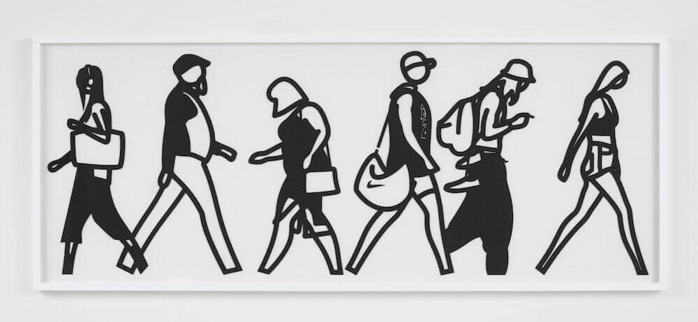 Julian Opie Walking In Melbourne 1, 2018 Laser cut Museum board relief prints, presented in sprayed white frames specified by the artist 25h x 62w inches Edition of 45