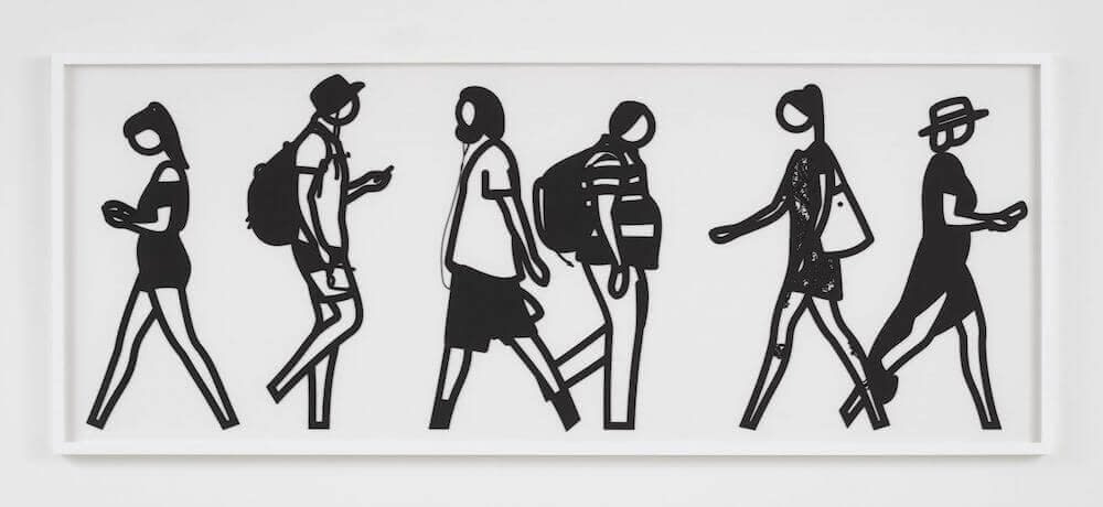Julian Opie, 2018 Walking in Melbourne 6 2018 Laser cut Museum board relief prints, presented in sprayed white frames specified by the artist 25 x 62 inches Edition of 45 For sale at VFA