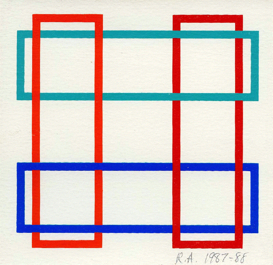 Available at VFA: Richard Anuszkiewicz Annual Edition, 1987-88 Screenprint on card stock 5.5h X 5.5w in. Pencil initialed lower right “R.A. 1987-88”