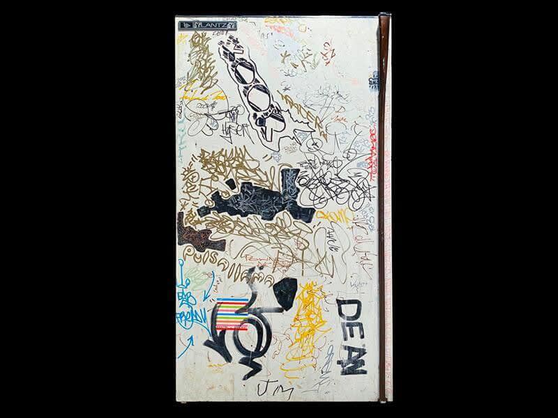 Keith Haring’s Lantz refrigerator door, signed by Madonna, Futura, Fab 5 Freddy, Rammellzee, Warhol and many other visitors.