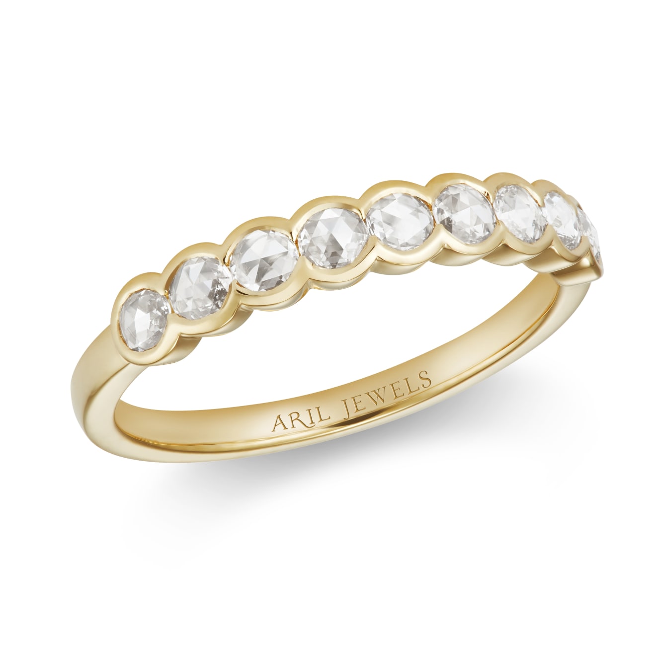 Aril Jewels Rose cut Diamond Half Eternity ring with rose cut diamonds set halfway down the band in a scalloped setting of 18k yellow gold. Pictured on a white background
