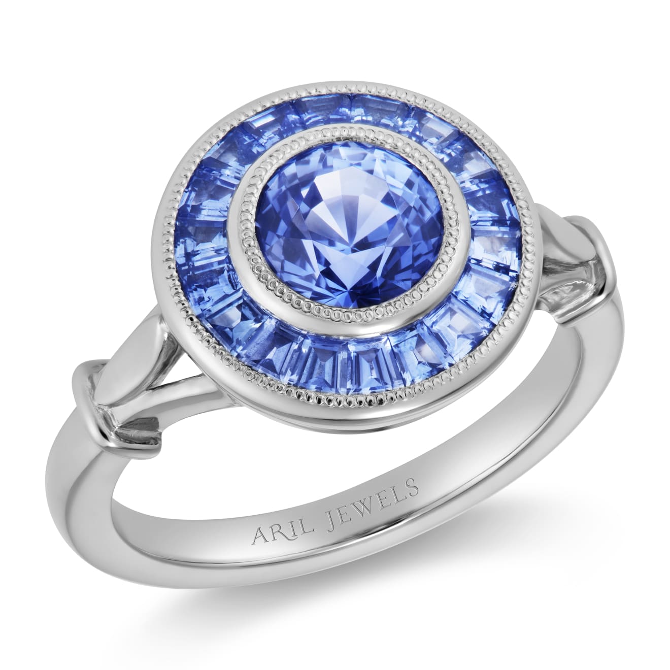 Aril Jewels Sri Lankan Sapphire Target ring from Clara collection in an Art Deco inspired design with precision cut sapphires. Platinum. On white background