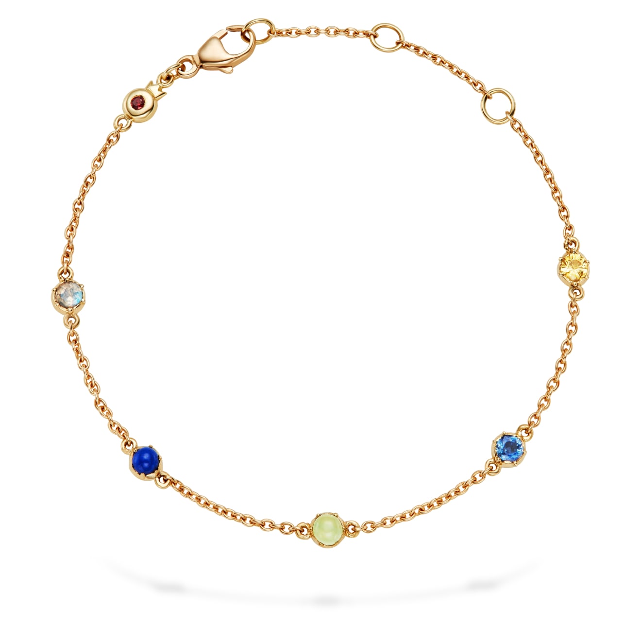 Gold chain bracelet with gemstones spelling out the word