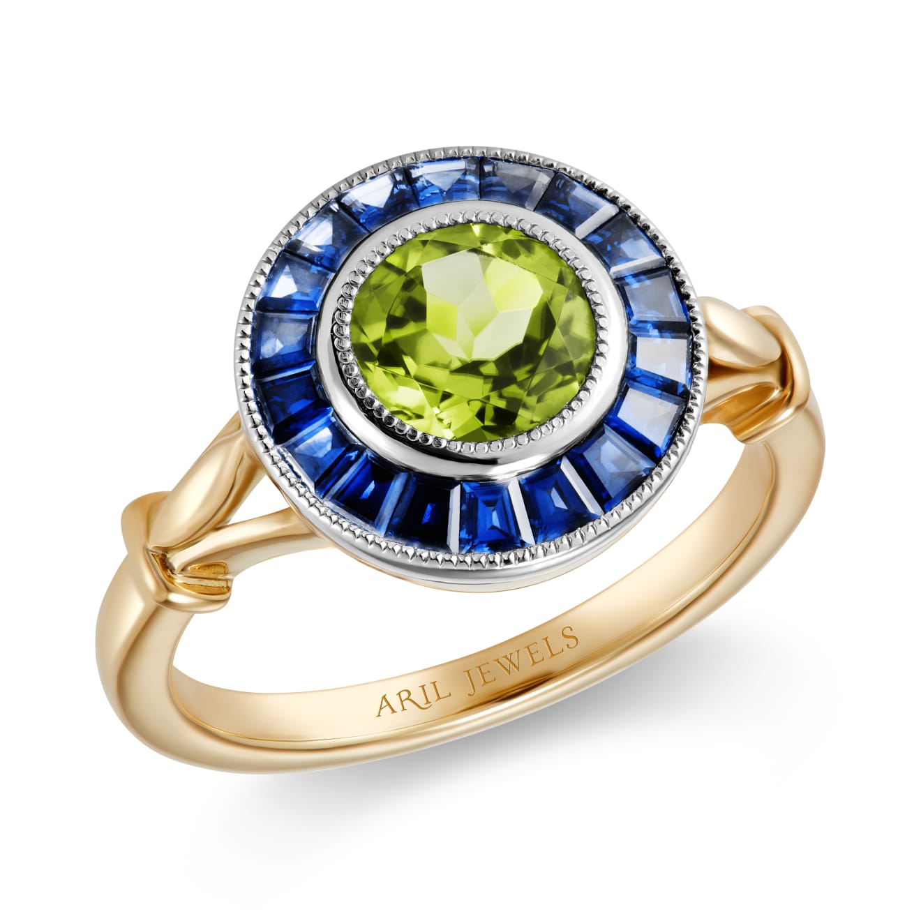 Aril Jewels x Fuli Gemstones peridot & sapphire Target ring from Clara collection in an Art Deco inspired design with precision cut sapphires. 18k yellow gold & platinum. On white background