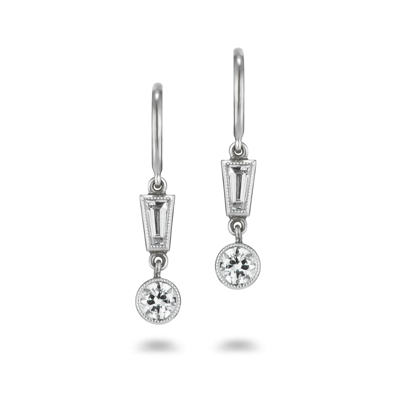 Art Deco inspired drop earrings with two tapered baguettes with round old cut diamonds hanging off set in platinum