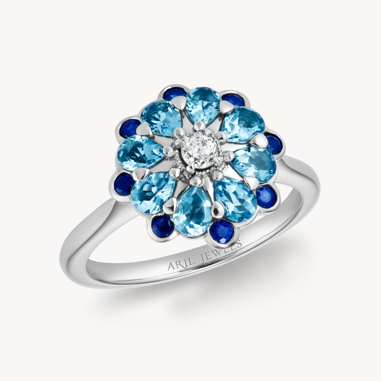 Aril Jewels aquamarine, sapphire and old cut diamond Rose ring from Elizabeth collection in an Elizabethan inspired Rose design. Platinum.