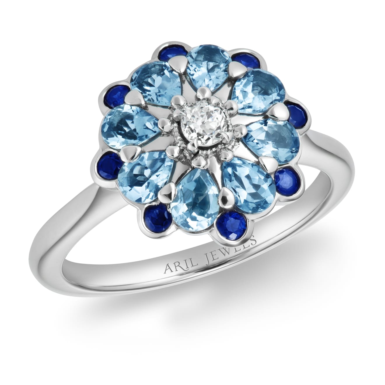 Aril Jewels aquamarine, sapphire and old cut diamond Rose ring from Elizabeth collection in an Elizabethan inspired Rose design. Platinum. Pictured on white background