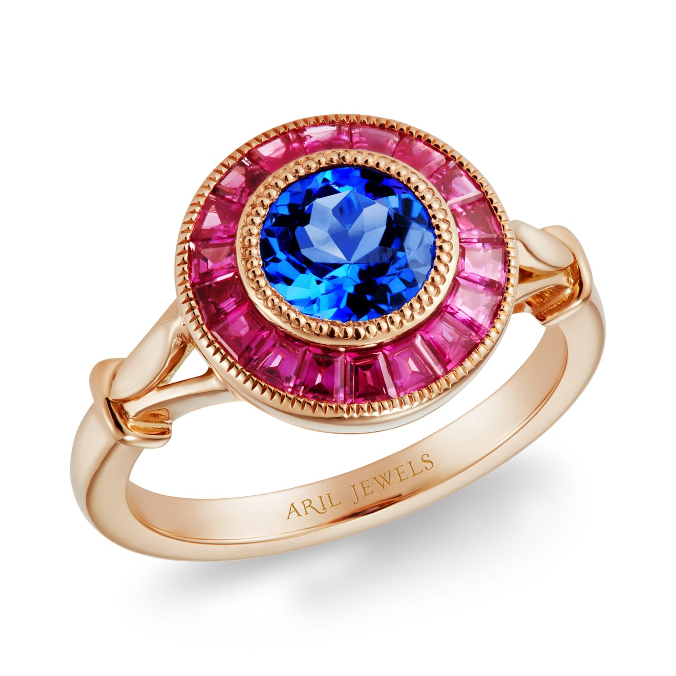 Round tanzanite surrounded by specially cut pink sapphire tapered baguettes, both in rubover settings of 18k rose gold with millegraon edge detail on a rose gold band. Seen on a white background
