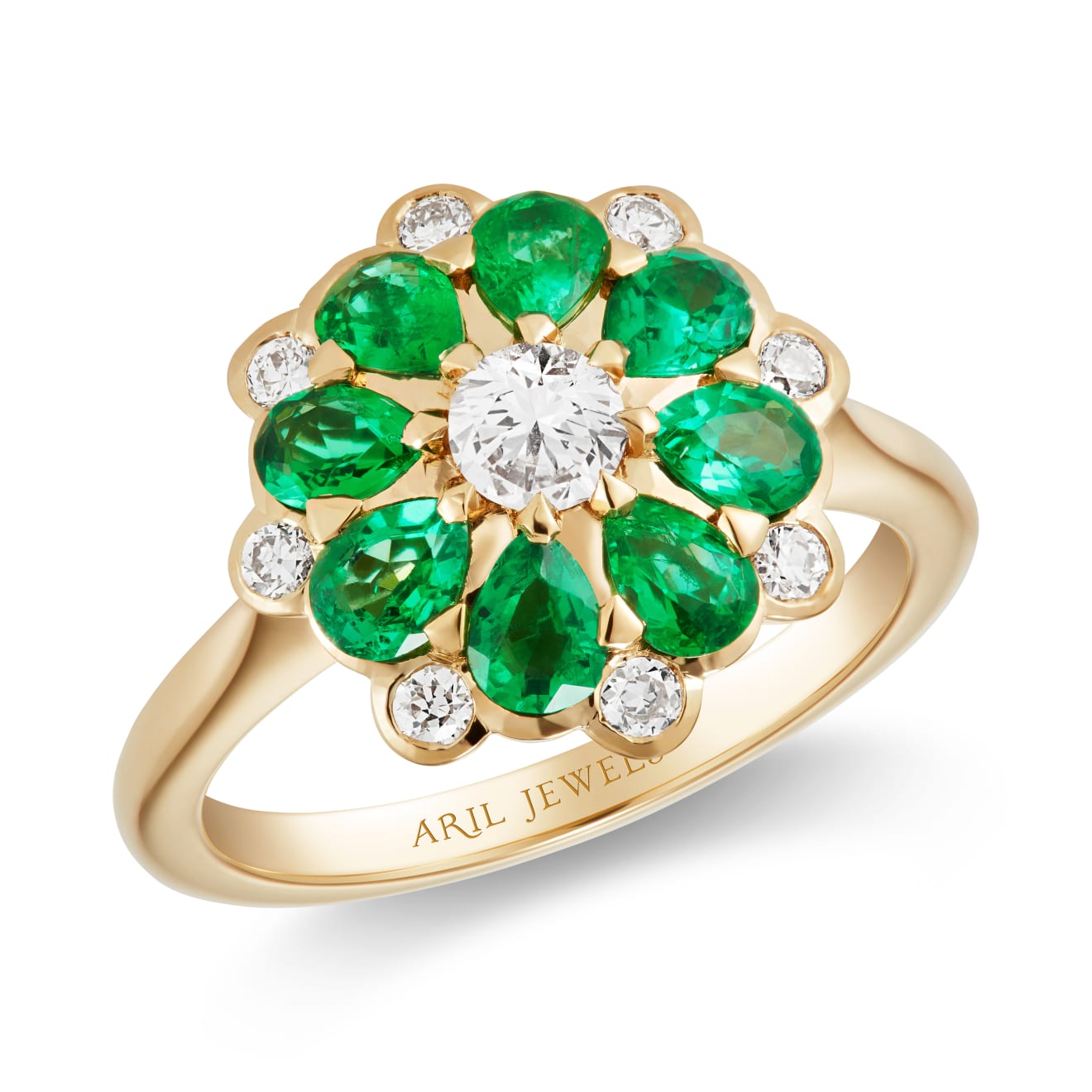Aril Jewels emerald and old cut diamond Rose ring from Elizabeth collection in an Elizabethan inspired Rose design. 18k yellow gold.