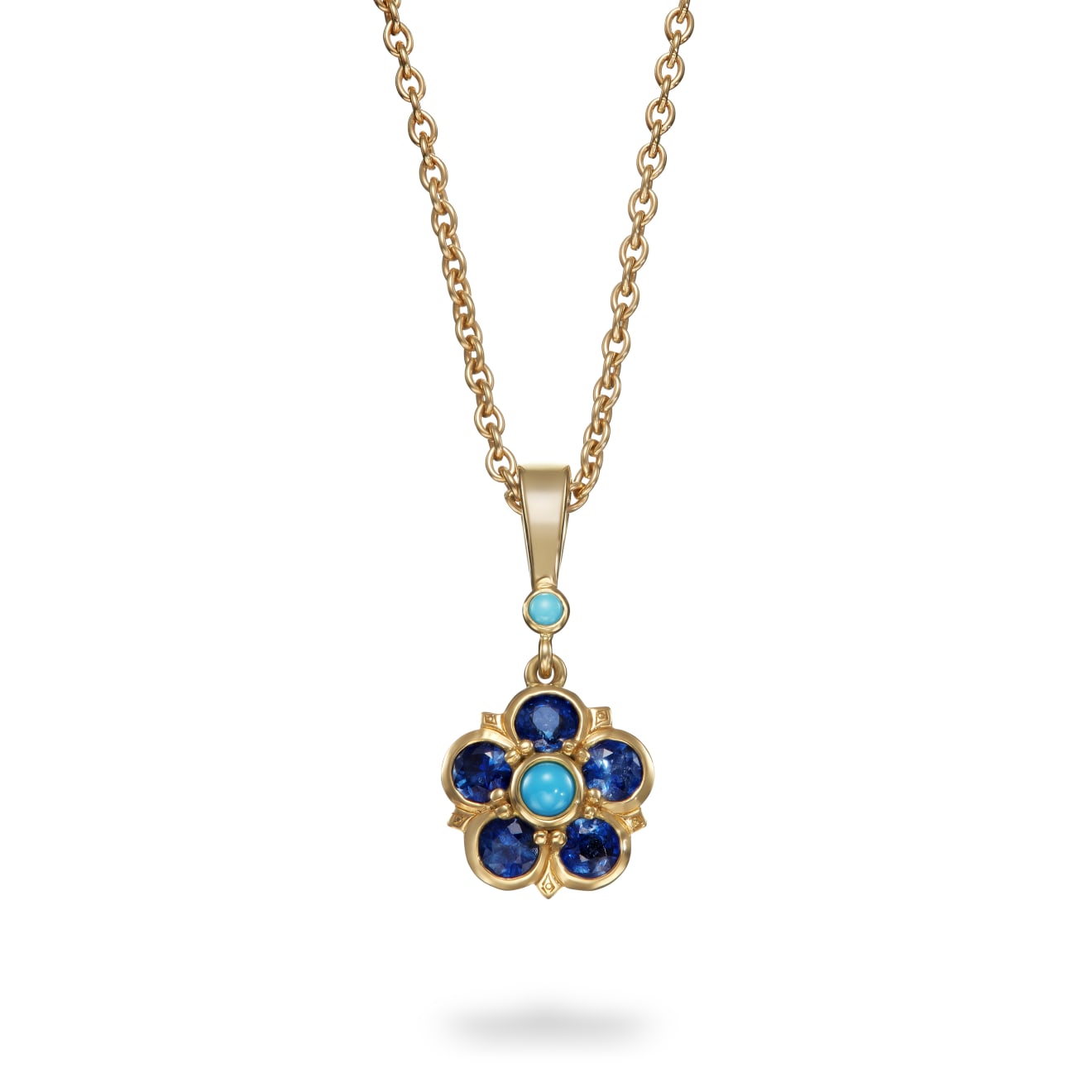 Aril Jewels sapphire & turquoise rose pendant from Elizabeth Collection. Elizabethan inspired rose design. 18k yellow gold.