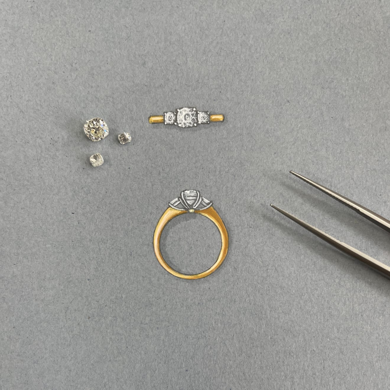 Aril Jewels hand painted rendering of new bespoke ring design with heirloom diamonds