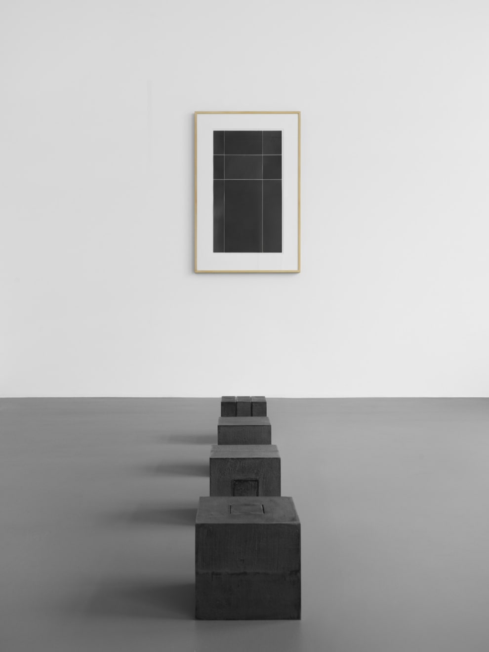 Floor sculptures from the Block Series 1–4, precisely aligned in the space. © The Artist, Photography by Sarah Dorweiler /...