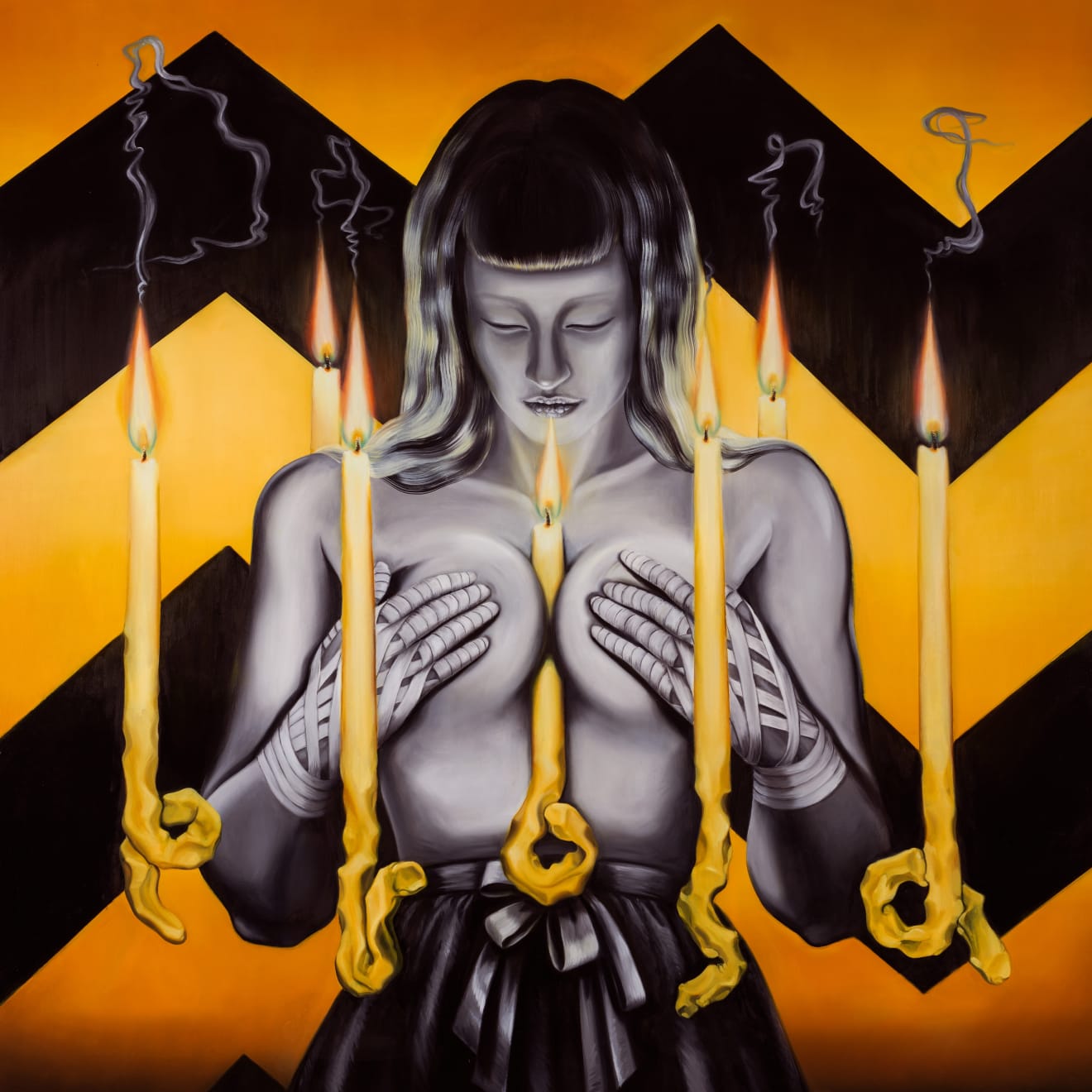 Dangerosa, Slow Burn, oil on panel with moth, 120cm x 120cm, 2023