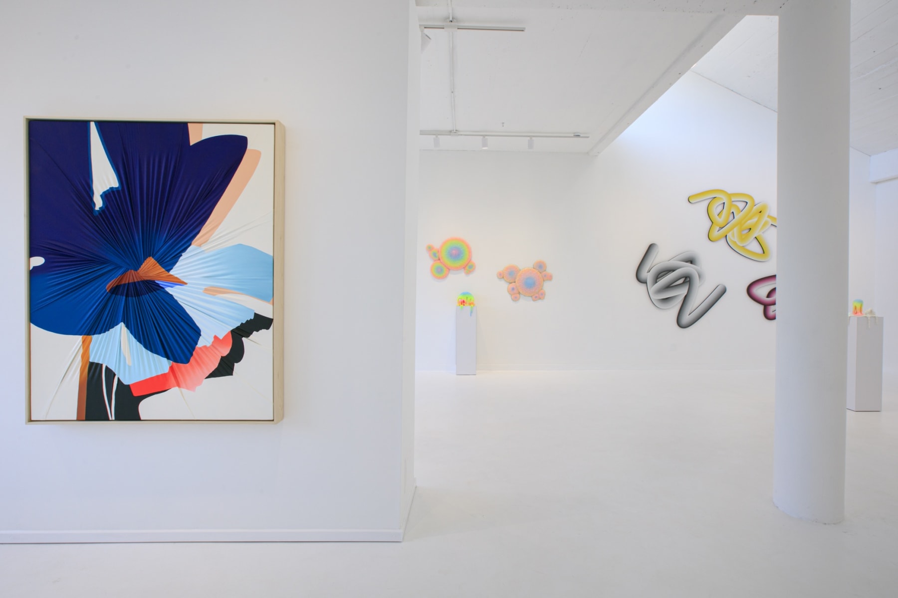 Dopamine exhibition installation view featuring works from Carrie Gillen, Arnaud Vidricaire, & Dan Lam