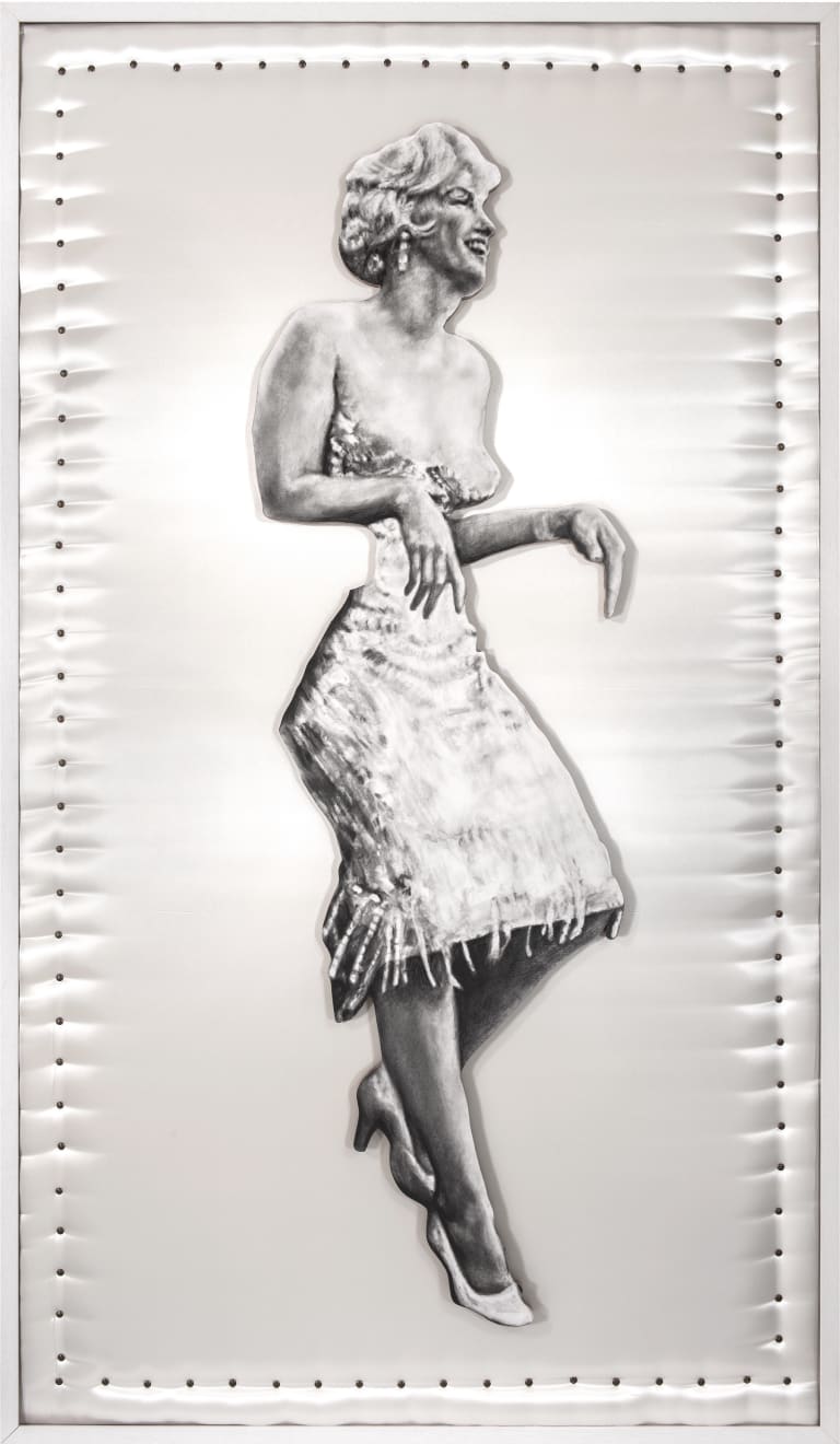 Nina Mae Fowler Marilyn (Leaning Board II), 2013 Pencil on paper, wood, satin and upholstery pins 1220 x 2120 x...